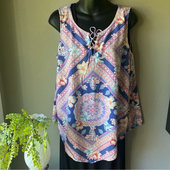 pure Jill Hibiscus Floral SCARF PRINT TANK Lace-Up Neck Lightweight Rayon Top M - Picture 5 of 11